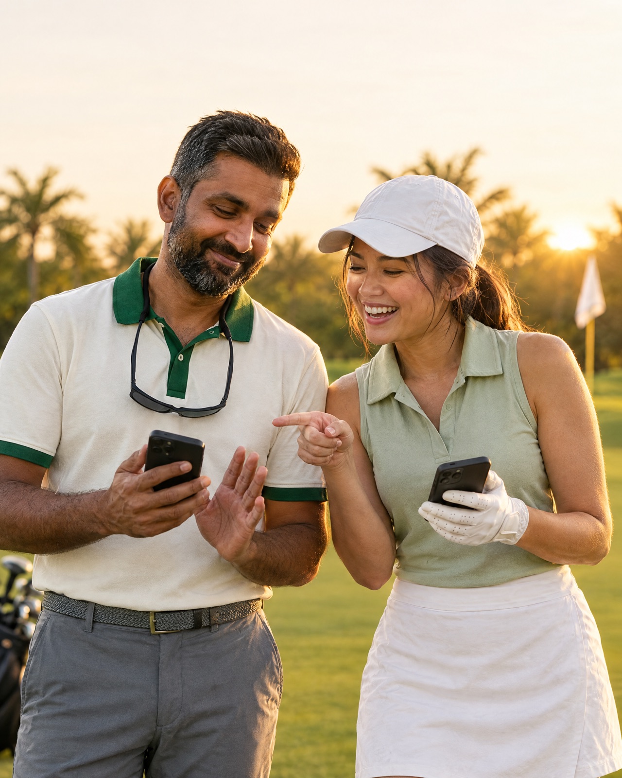 Two golfers by a green at sunset, laughing as they compare their phones